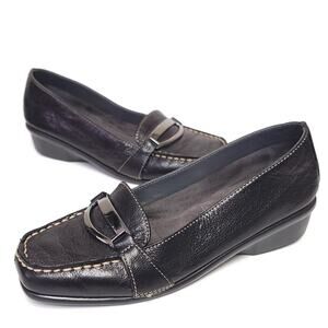 Aerosoles Medley Black Loafer Size 5.5 Leather Contrast Stitch Buckle Flats​